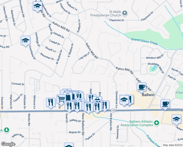map of restaurants, bars, coffee shops, grocery stores, and more near 144 Lucerne Pl Dr in Ballwin