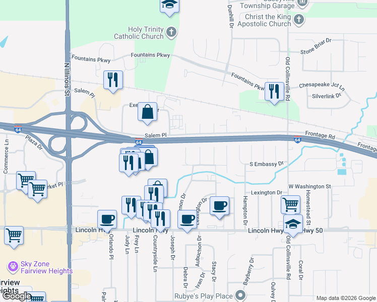 map of restaurants, bars, coffee shops, grocery stores, and more near 120 Mount Vernon Drive in Fairview Heights