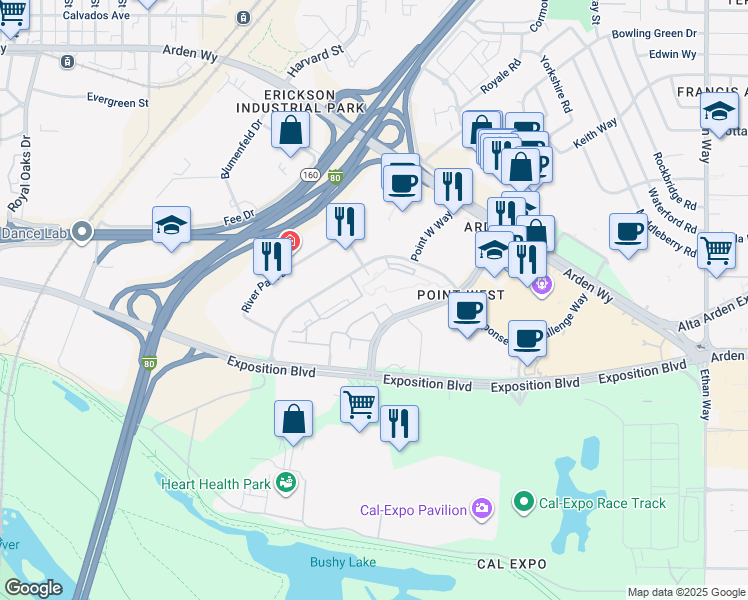 map of restaurants, bars, coffee shops, grocery stores, and more near 1761 Heritage Lane in Sacramento