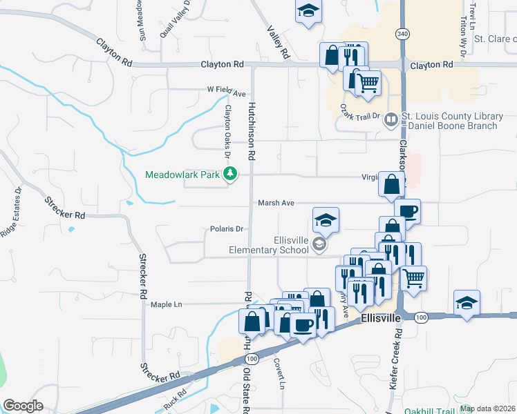 map of restaurants, bars, coffee shops, grocery stores, and more near 1442 Marsh Avenue in Ellisville