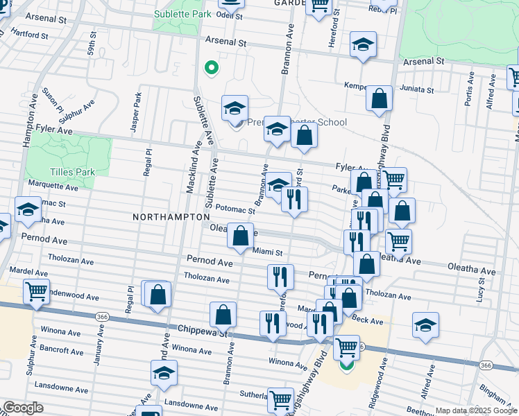 map of restaurants, bars, coffee shops, grocery stores, and more near 5061 Potomac Street in St. Louis