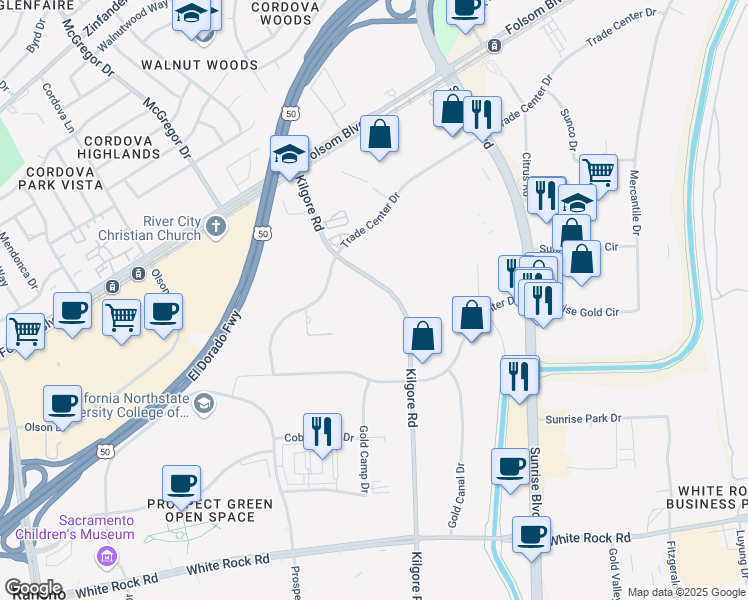 map of restaurants, bars, coffee shops, grocery stores, and more near 2890 Kilgore Road in Rancho Cordova