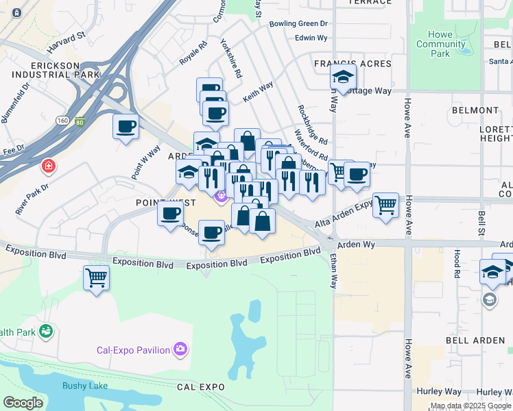 map of restaurants, bars, coffee shops, grocery stores, and more near 1800 Arden Way in Sacramento
