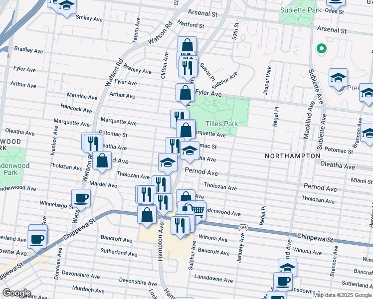 map of restaurants, bars, coffee shops, grocery stores, and more near 3510 Hampton Avenue in St. Louis