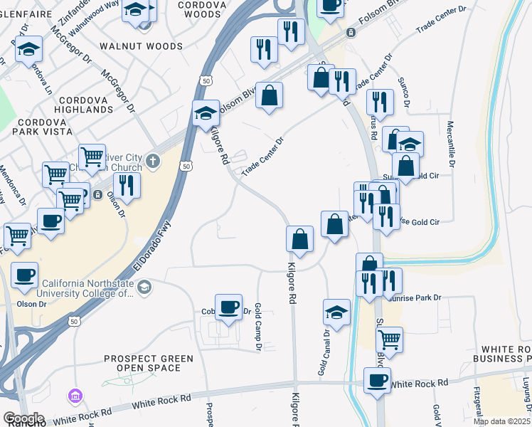 map of restaurants, bars, coffee shops, grocery stores, and more near 2890 Kilgore Road in Rancho Cordova