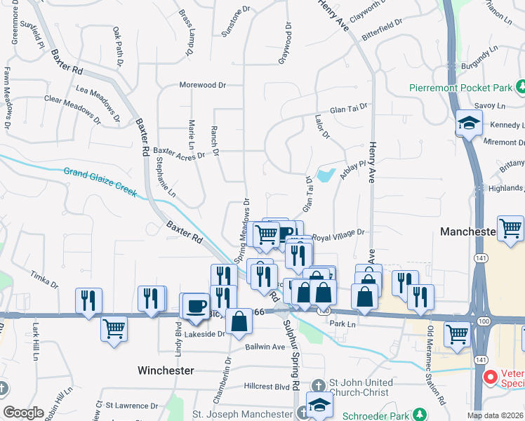 map of restaurants, bars, coffee shops, grocery stores, and more near 327 Royal Village Drive in Ballwin