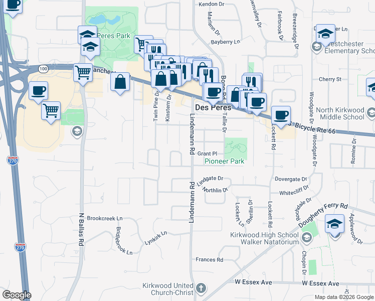 map of restaurants, bars, coffee shops, grocery stores, and more near 973 Lindemann Road in Des Peres