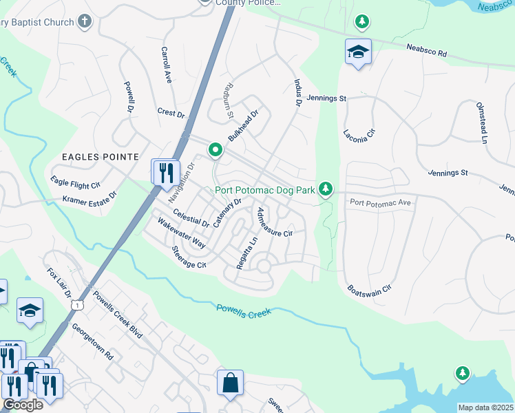 map of restaurants, bars, coffee shops, grocery stores, and more near 16312 Admeasure Circle in Woodbridge