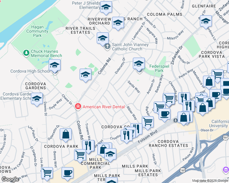 map of restaurants, bars, coffee shops, grocery stores, and more near 2545 Ribier Way in Rancho Cordova