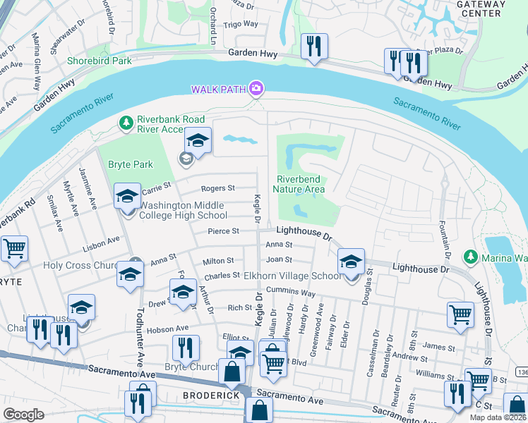 map of restaurants, bars, coffee shops, grocery stores, and more near 525 Westlake Drive in West Sacramento