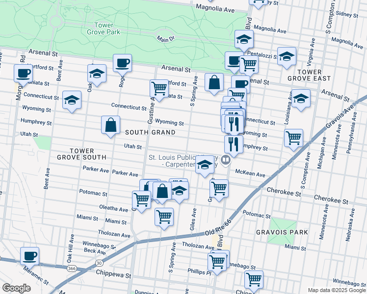 map of restaurants, bars, coffee shops, grocery stores, and more near 3817 Utah Street in St. Louis
