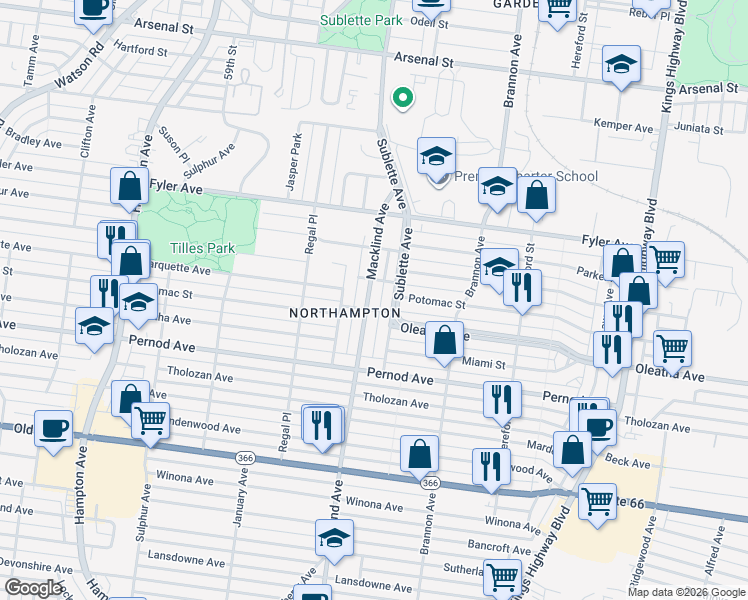 map of restaurants, bars, coffee shops, grocery stores, and more near 3414 Macklind Avenue in St. Louis