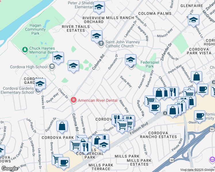 map of restaurants, bars, coffee shops, grocery stores, and more near 2545 Ribier Way in Rancho Cordova