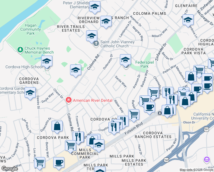 map of restaurants, bars, coffee shops, grocery stores, and more near 2545 Ribier Way in Rancho Cordova