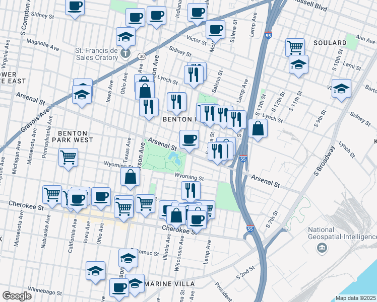 map of restaurants, bars, coffee shops, grocery stores, and more near 2009 Arsenal Street in St. Louis