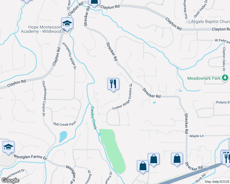 map of restaurants, bars, coffee shops, grocery stores, and more near 1634 Strecker Ridge Court in Ballwin