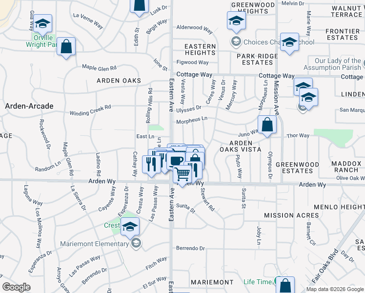 map of restaurants, bars, coffee shops, grocery stores, and more near 1813 Vesta Way in Sacramento