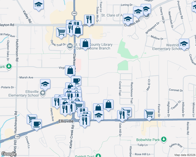 map of restaurants, bars, coffee shops, grocery stores, and more near 1210 Marsh Avenue in Ellisville