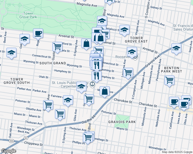 map of restaurants, bars, coffee shops, grocery stores, and more near 3234 South Grand Boulevard in St. Louis