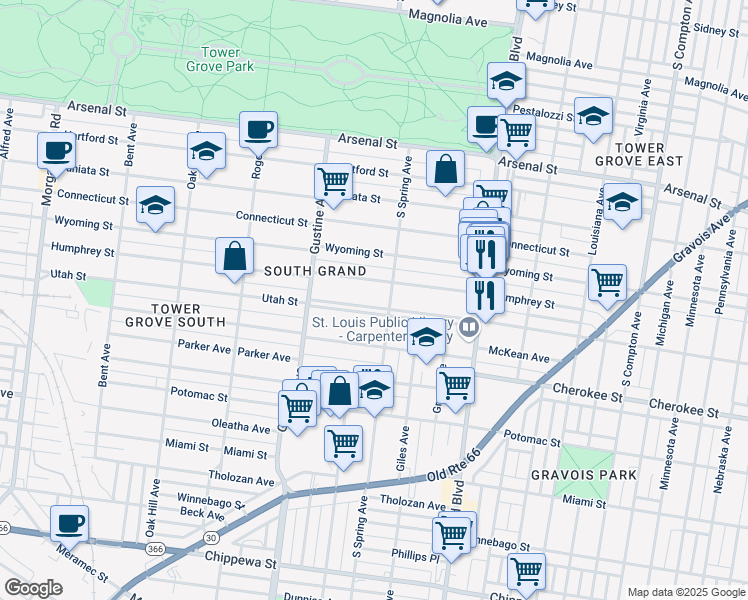 map of restaurants, bars, coffee shops, grocery stores, and more near 3817 Utah Street in St. Louis