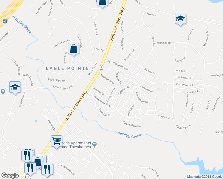 map of restaurants, bars, coffee shops, grocery stores, and more near 16356 Gangplank Lane in Woodbridge
