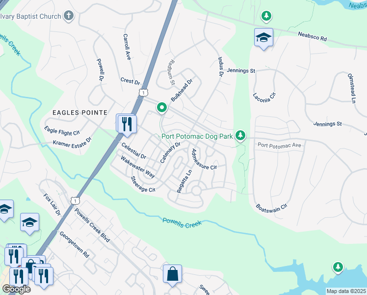map of restaurants, bars, coffee shops, grocery stores, and more near 16229 Catenary Drive in Woodbridge