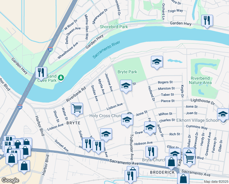 map of restaurants, bars, coffee shops, grocery stores, and more near 601 Jasmine Avenue in West Sacramento