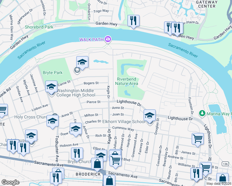 map of restaurants, bars, coffee shops, grocery stores, and more near 525 Westlake Drive in West Sacramento