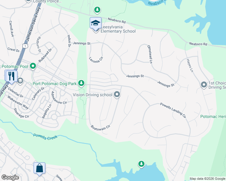 map of restaurants, bars, coffee shops, grocery stores, and more near 2112 Ballast Lane in Woodbridge