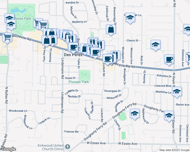 map of restaurants, bars, coffee shops, grocery stores, and more near 942 Nana Lane in Des Peres