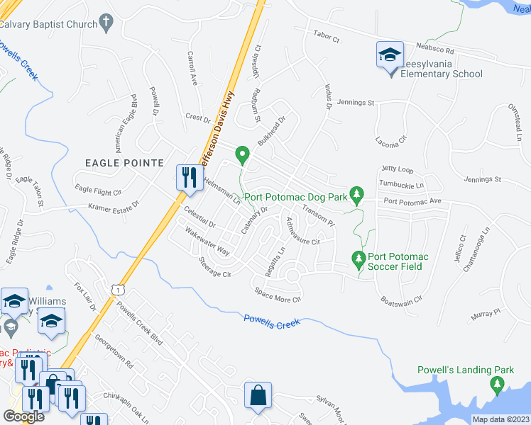 map of restaurants, bars, coffee shops, grocery stores, and more near 16241 Catenary Drive in Woodbridge