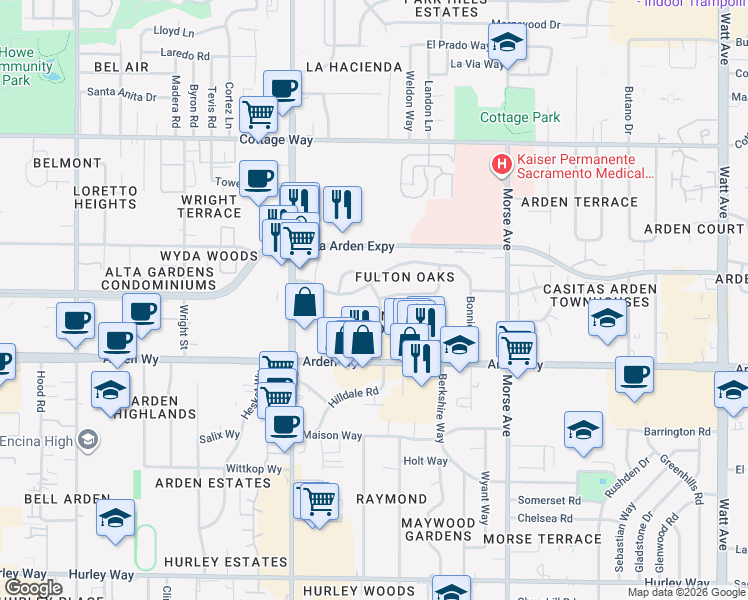 map of restaurants, bars, coffee shops, grocery stores, and more near 1791 Kubel Circle in Sacramento