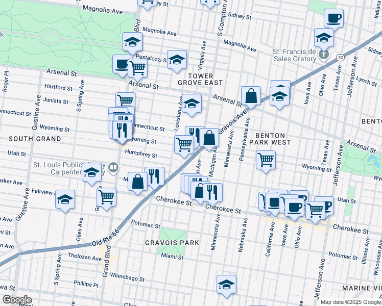 map of restaurants, bars, coffee shops, grocery stores, and more near 3219 Gravois Avenue in St. Louis