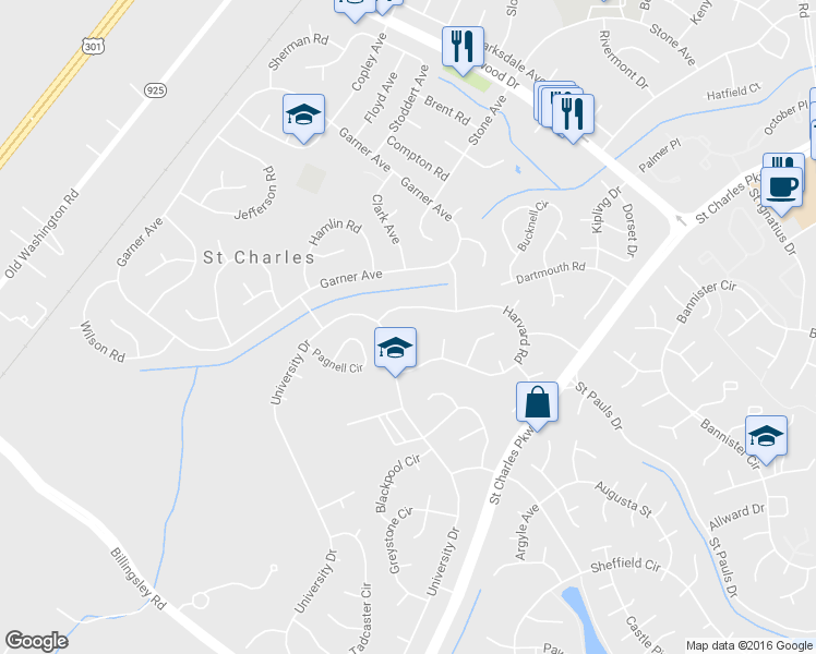 map of restaurants, bars, coffee shops, grocery stores, and more near 1104 University Place in Waldorf