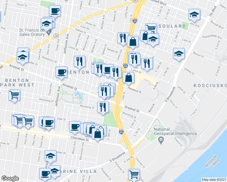 map of restaurants, bars, coffee shops, grocery stores, and more near 2931 South 18th Street in St. Louis