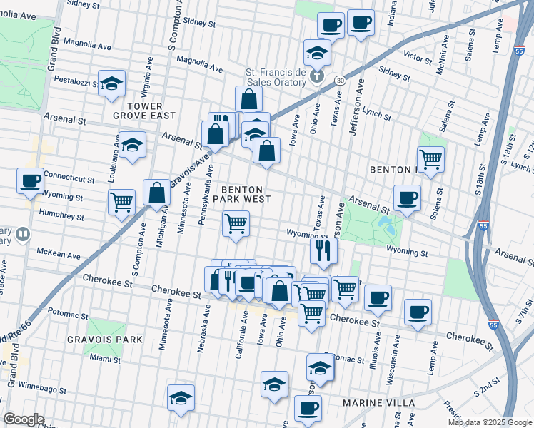 map of restaurants, bars, coffee shops, grocery stores, and more near 3171 California Avenue in St. Louis