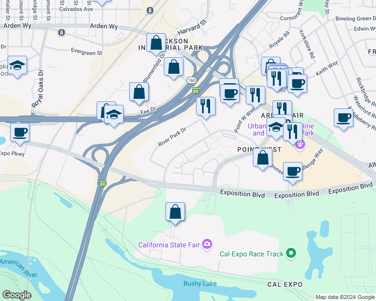 map of restaurants, bars, coffee shops, grocery stores, and more near 1470 Response Road in Sacramento