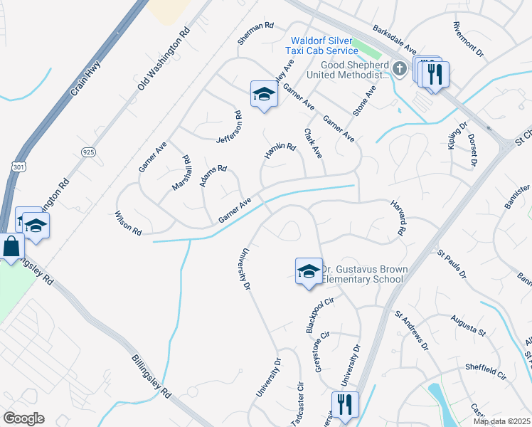 map of restaurants, bars, coffee shops, grocery stores, and more near 790 University Drive in Waldorf