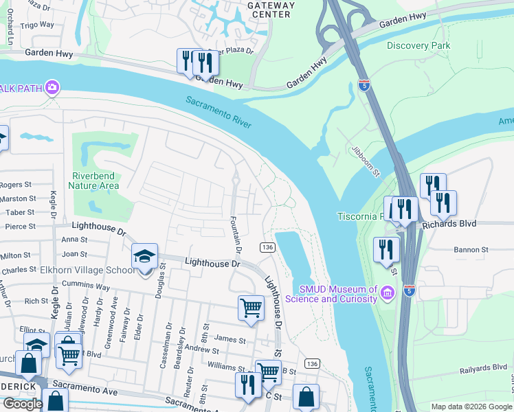 map of restaurants, bars, coffee shops, grocery stores, and more near 427 Anchor Lane in West Sacramento
