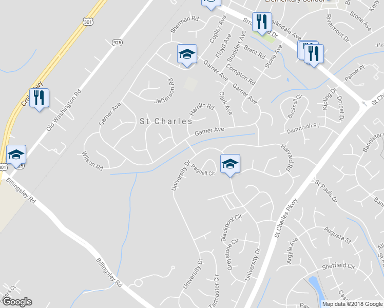 map of restaurants, bars, coffee shops, grocery stores, and more near 790 University Drive in Waldorf