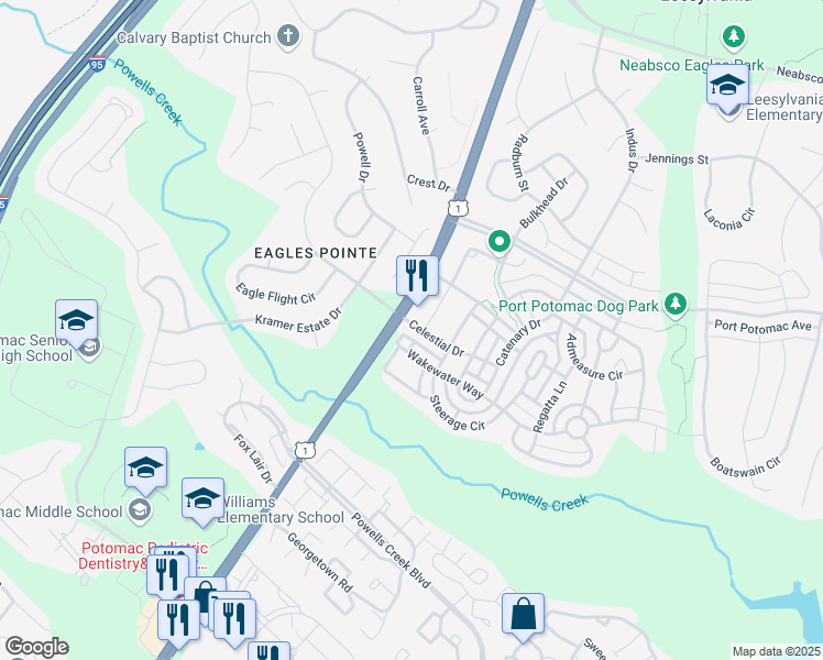 map of restaurants, bars, coffee shops, grocery stores, and more near 2737 Celestial Drive in Woodbridge