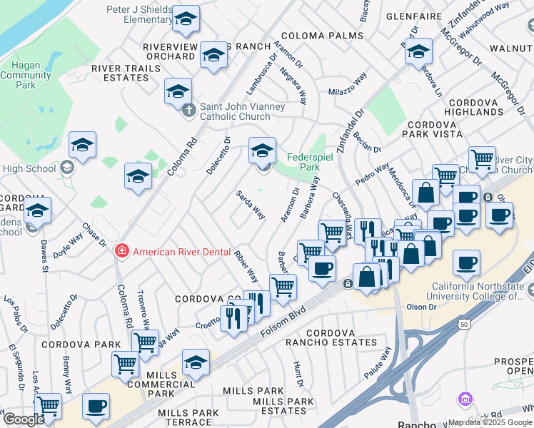 map of restaurants, bars, coffee shops, grocery stores, and more near 2537 Sarda Way in Rancho Cordova