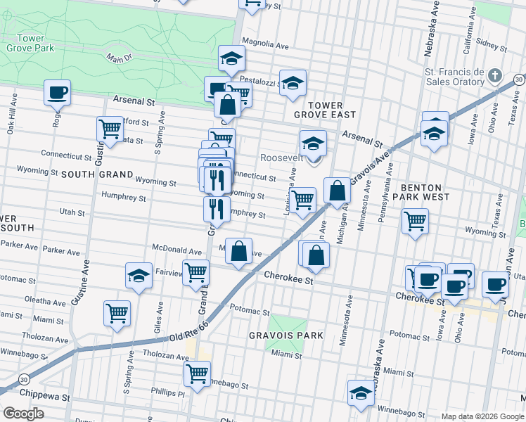 map of restaurants, bars, coffee shops, grocery stores, and more near 3437 Humphrey Street in St. Louis