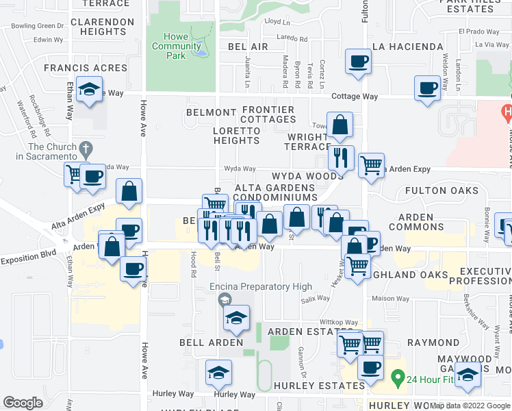 map of restaurants, bars, coffee shops, grocery stores, and more near 1760 Markston Road in Sacramento
