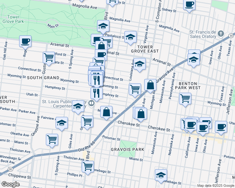 map of restaurants, bars, coffee shops, grocery stores, and more near 3437 Humphrey Street in St. Louis