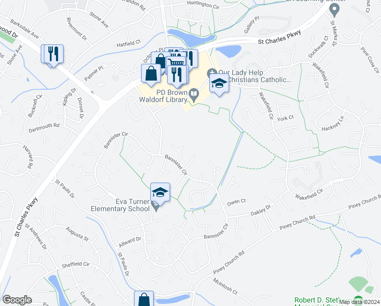 map of restaurants, bars, coffee shops, grocery stores, and more near 3004 Lovelace Court in Waldorf