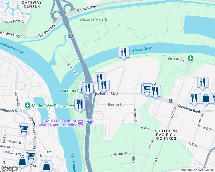 map of restaurants, bars, coffee shops, grocery stores, and more near in Sacramento