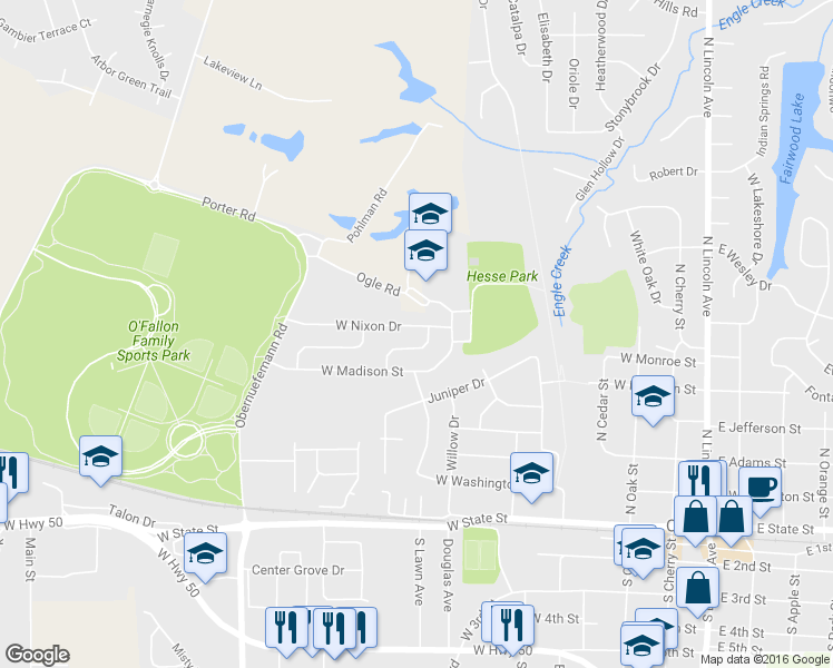map of restaurants, bars, coffee shops, grocery stores, and more near 703 West Nixon Drive in O'Fallon