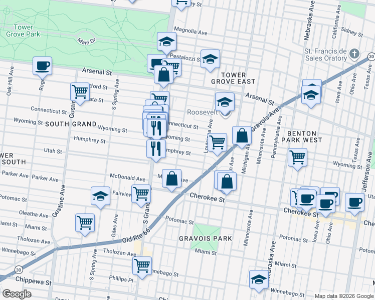 map of restaurants, bars, coffee shops, grocery stores, and more near 3437 Humphrey Street in St. Louis