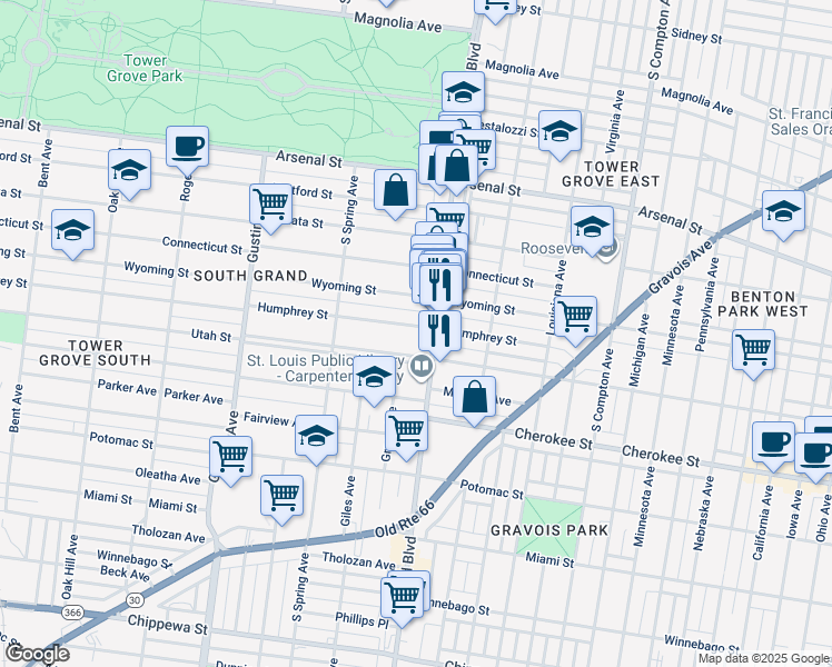 map of restaurants, bars, coffee shops, grocery stores, and more near 3234 South Grand Boulevard in St. Louis